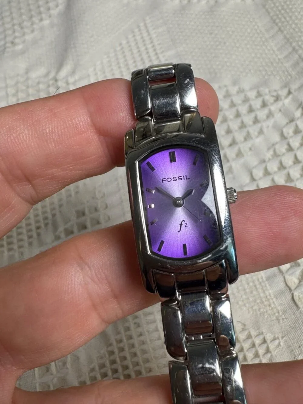 Fossil F2 Womens Stainless Steel Watch w Purple Dial Rectangular Face ES9597
